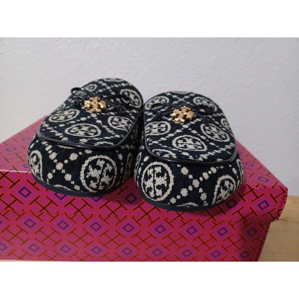 Tory Burch T Monogrammed Tory Charm Mules Clogs Size 9 Black Cream New In Box - Picture 6 of 10